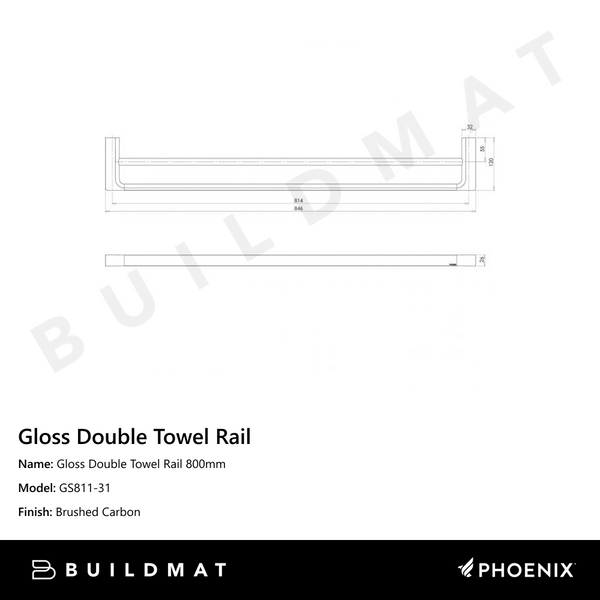 Phoenix Gloss Double Towel Rail 800mm Brushed Carbon