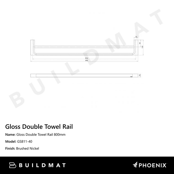 Phoenix Gloss Double Towel Rail 800mm Brushed Nickel