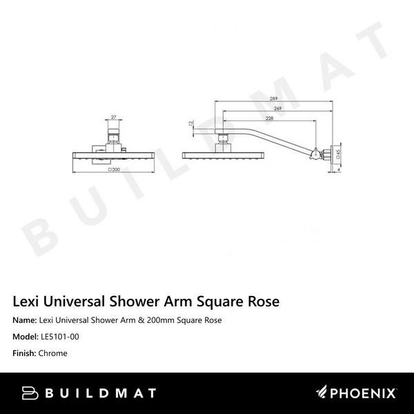 Phoenix Lexi Universal Shower Arm & 200mm Square Rose Chrome