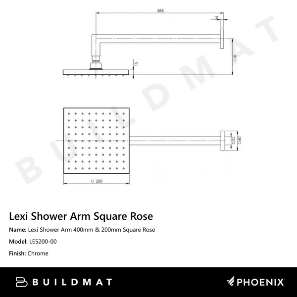 Phoenix Lexi Shower Arm 400mm & 200mm Square Rose Chrome