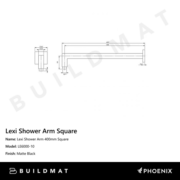 Phoenix Lexi Shower Arm 400mm Square Matte Black