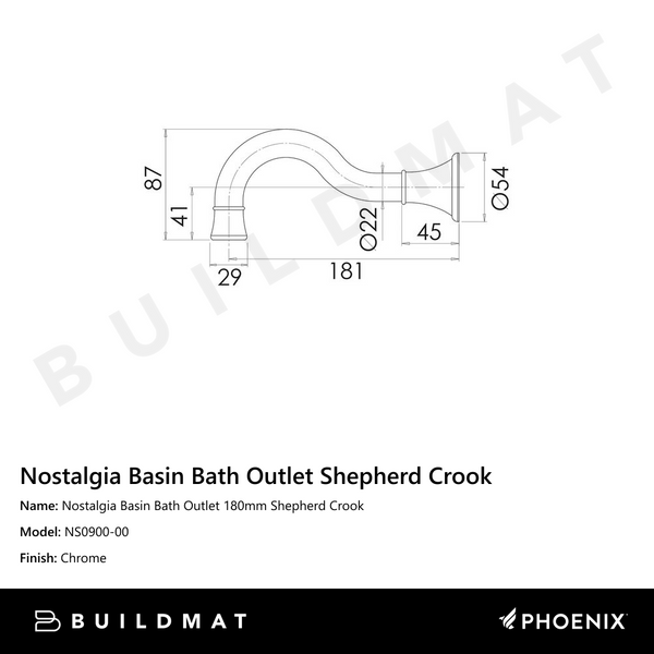 Phoenix Nostalgia Basin / Bath Outlet 180mm Shepherds Crook Chrome