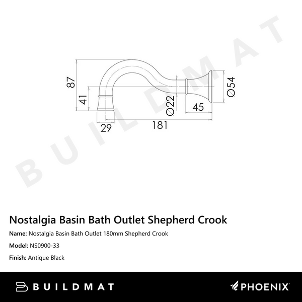 Phoenix Nostalgia Basin / Bath Outlet 180mm Shepherds Crook Antique Black
