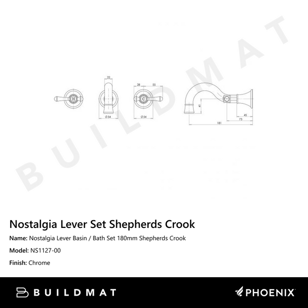 Phoenix Nostalgia Lever Basin / Bath Set 180mm Shepherds Crook Chrome