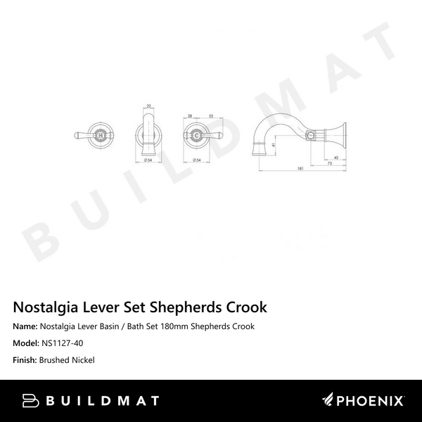 Phoenix Nostalgia Lever Basin / Bath Set 180mm Shepherds Crook Brushed Nickel