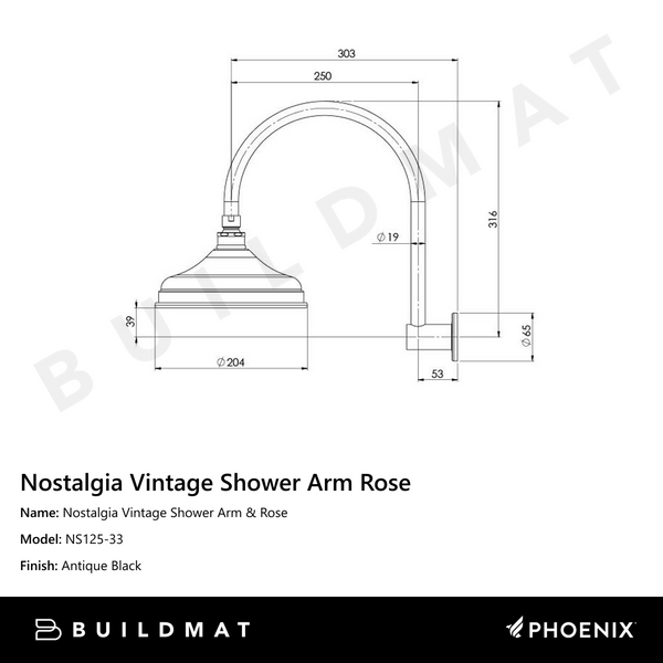 Phoenix Nostalgia Vintage Shower Arm & Rose Antique Black
