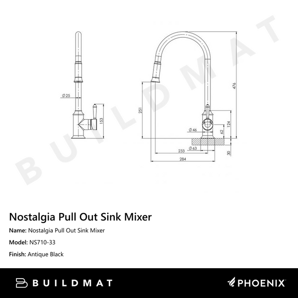 Phoenix Nostalgia Pull Out Sink Mixer 230mm Antique Black