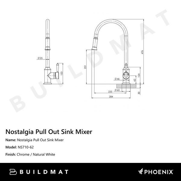 Phoenix Nostalgia Pull Out Sink Mixer 230mm Chrome White