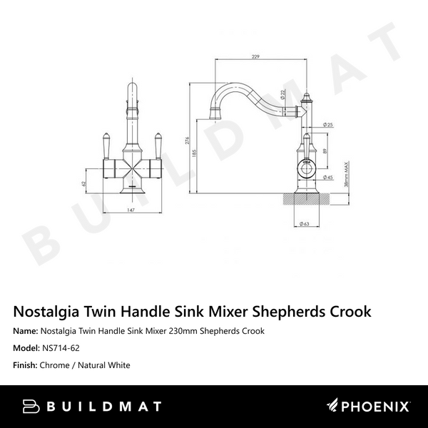 Phoenix Nostalgia Twin Handle Sink Mixer 230mm Shepherds Crook Chrome White