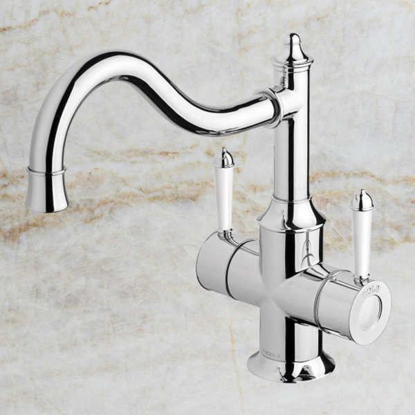 Phoenix Nostalgia Twin Handle Sink Mixer 230mm Shepherds Crook Chrome White