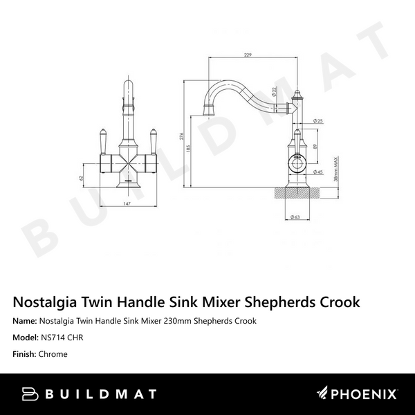 Phoenix Nostalgia Twin Handle Sink Mixer 230mm Shepherds Crook Chrome