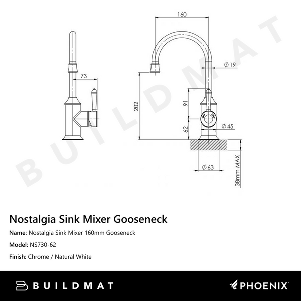 Phoenix Nostalgia Sink Mixer 160mm Gooseneck Chrome White
