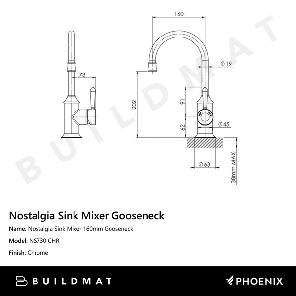 Phoenix Nostalgia Sink Mixer 160mm Gooseneck Chrome