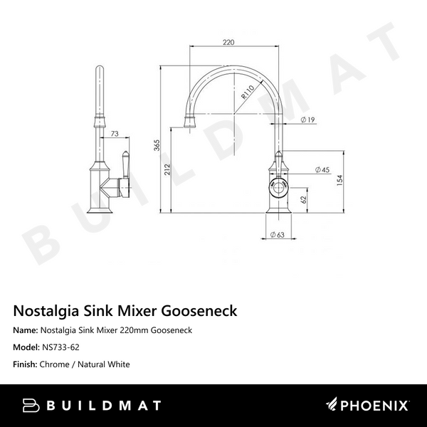 Phoenix Nostalgia Sink Mixer 220mm Gooseneck Chrome White