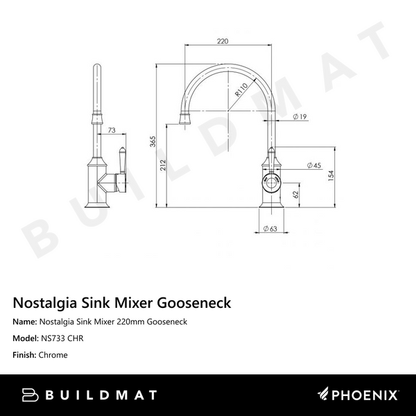 Phoenix Nostalgia Sink Mixer 220mm Gooseneck Chrome