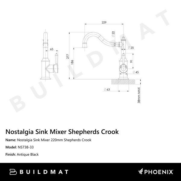 Phoenix Nostalgia Sink Mixer 220mm Shepherds Crook Antique Black