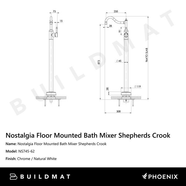 Phoenix Nostalgia Floor Mounted Bath Mixer Shepherds Crook Chrome White