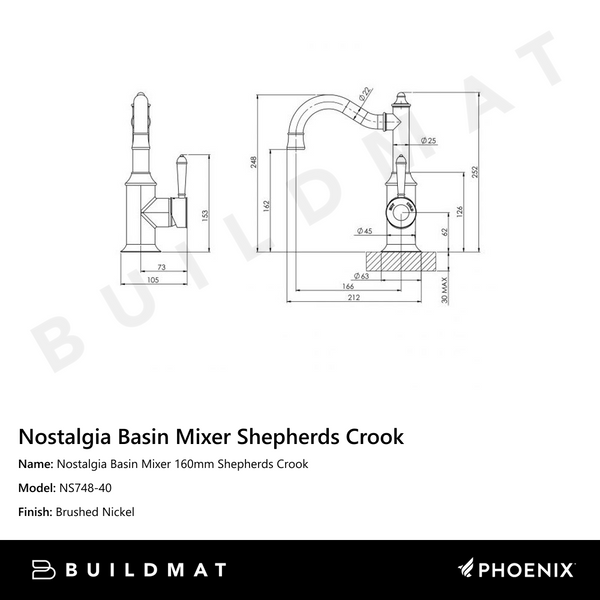 Phoenix Nostalgia Basin Mixer 160mm Shepherds Crook Brushed Nickel