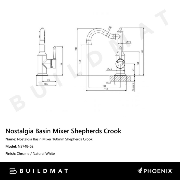 Phoenix Nostalgia Basin Mixer 160mm Shepherds Crook Chrome White