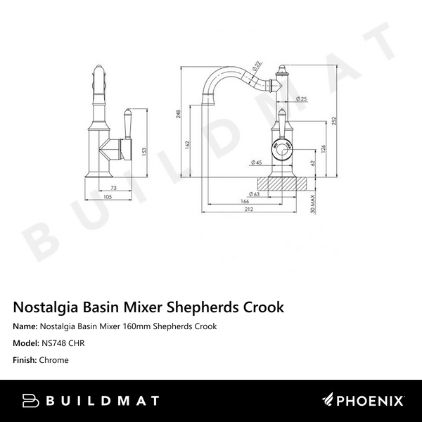 Phoenix Nostalgia Basin Mixer 160mm Shepherds Crook Chrome