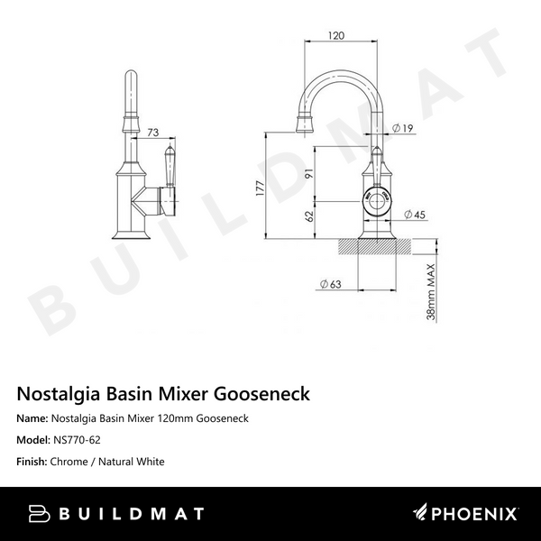 Phoenix Nostalgia Basin Mixer 120mm Gooseneck Chrome White