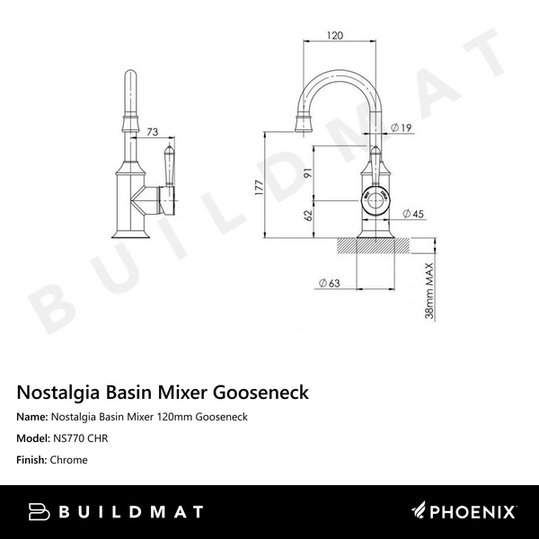 Phoenix Nostalgia Basin Mixer 120mm Gooseneck Chrome