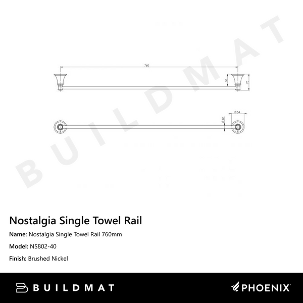 Phoenix Nostalgia Single Towel Rail 760mm Brushed Nickel