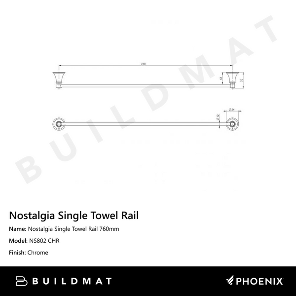 Phoenix Nostalgia Single Towel Rail 760mm Chrome