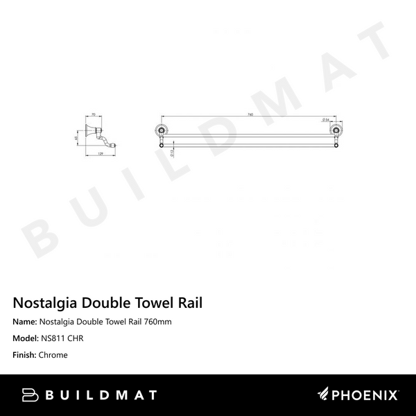 Phoenix Nostalgia Double Towel Rail 760mm Chrome