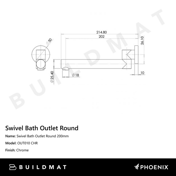 Phoenix Swivel Bath Outlet Round 200mm Chrome