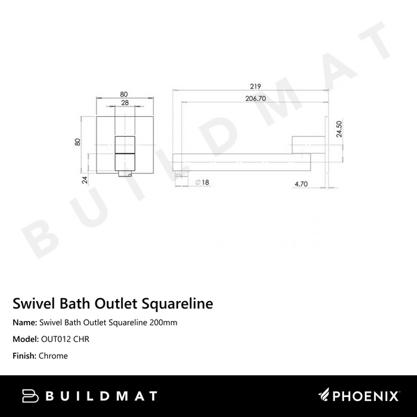 Phoenix Swivel Bath Outlet Squareline 200mm Chrome