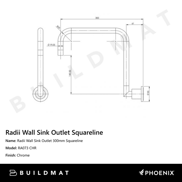 Phoenix Radii Wall Sink Outlet 300mm Squareline Chrome