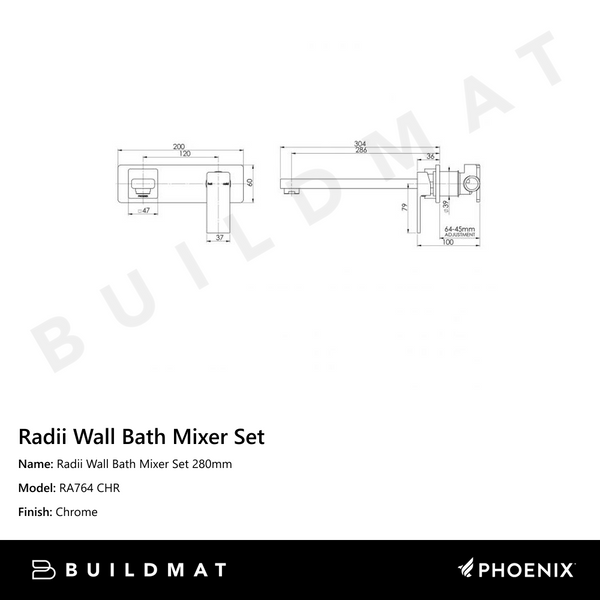 Phoenix Radii Wall Bath Mixer Set 280mm Chrome