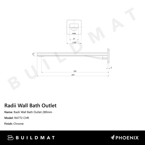 Phoenix Radii Wall Bath Outlet 280mm Chrome
