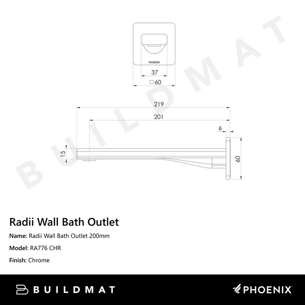 Phoenix Radii Wall Bath Outlet 200mm Chrome