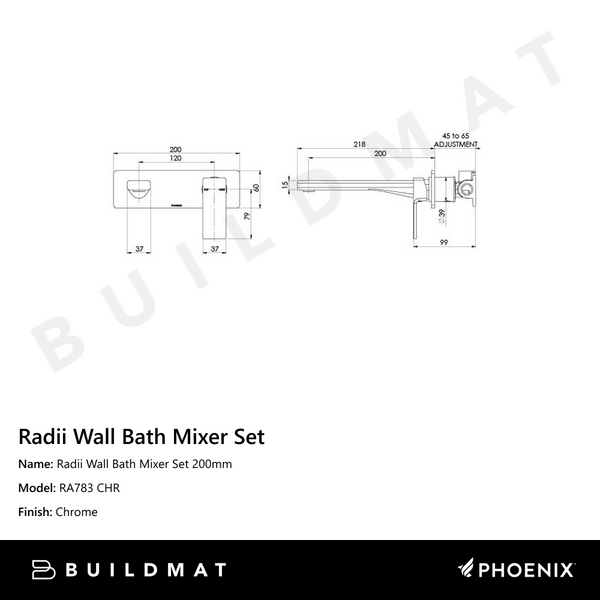 Phoenix Radii Wall Bath Mixer Set 200mm Chrome