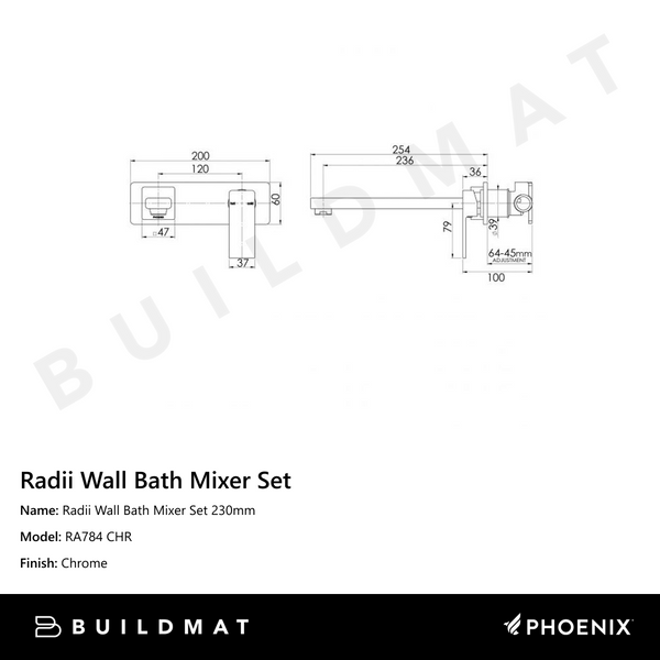 Phoenix Radii Wall Bath Mixer Set 230mm Chrome