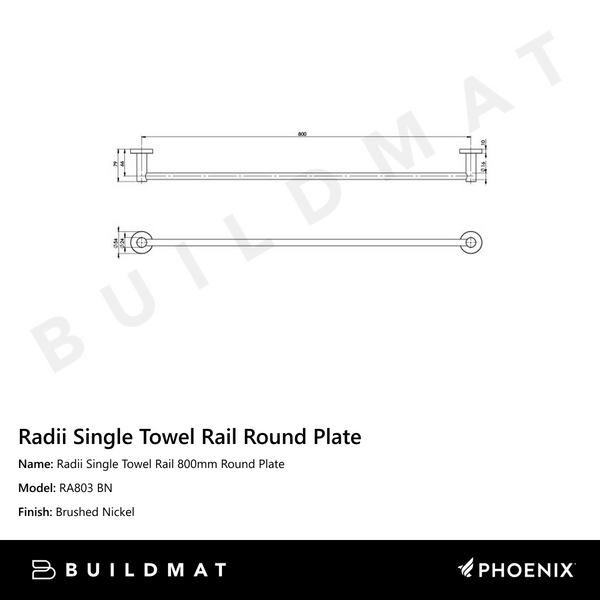 Phoenix Radii Single Towel Rail 800mm Round Plate Brushed Nickel