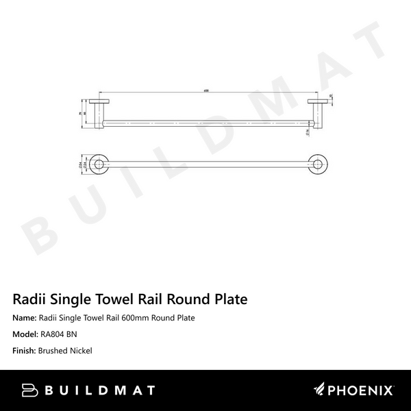 Phoenix Radii Single Towel Rail 600mm Round Plate Brushed Nickel
