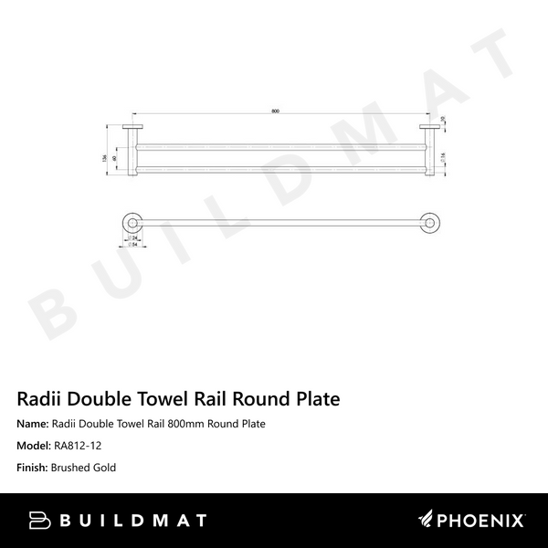 Phoenix Radii Double Towel Rail 800mm Round Plate Brushed Gold