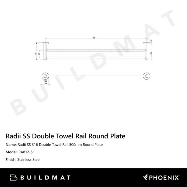 Phoenix Radii SS 316 Double Towel Rail Round Plate 800mm Stainless Steel