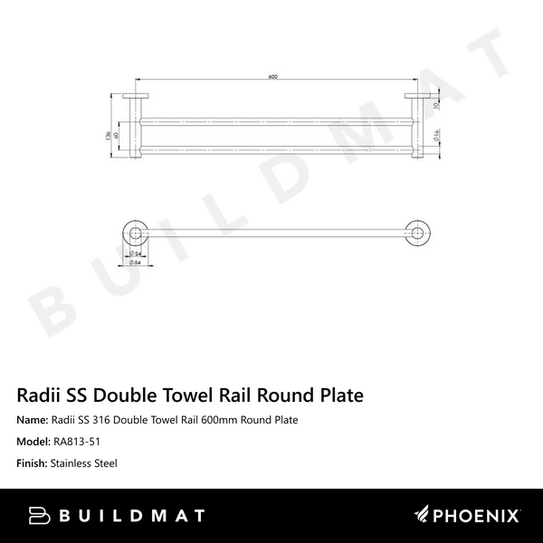 Phoenix Radii SS 316 Double Towel Rail Round Plate 600mm Stainless Steel