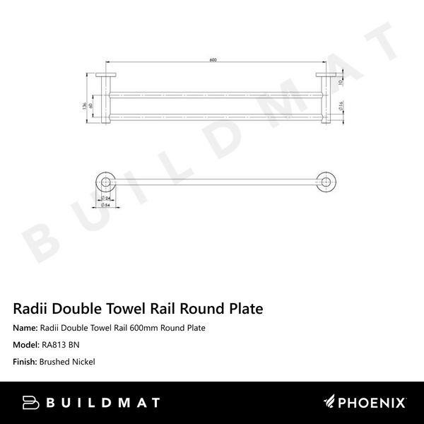 Phoenix Radii Double Towel Rail 600mm Round Plate Brushed Nickel