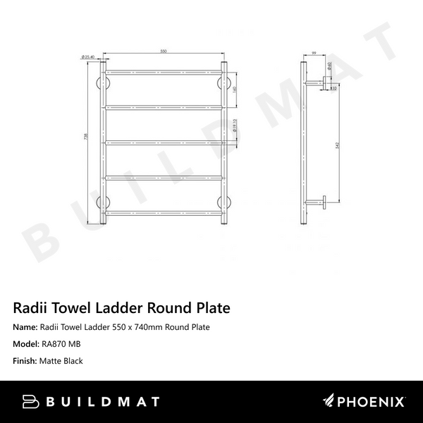 Phoenix Radii Towel Ladder 550 x 740mm Round Plate Matte Black