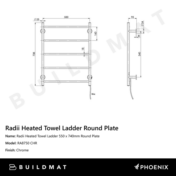 Phoenix Radii Heated Towel Ladder 550 x 740mm Round Plate Chrome