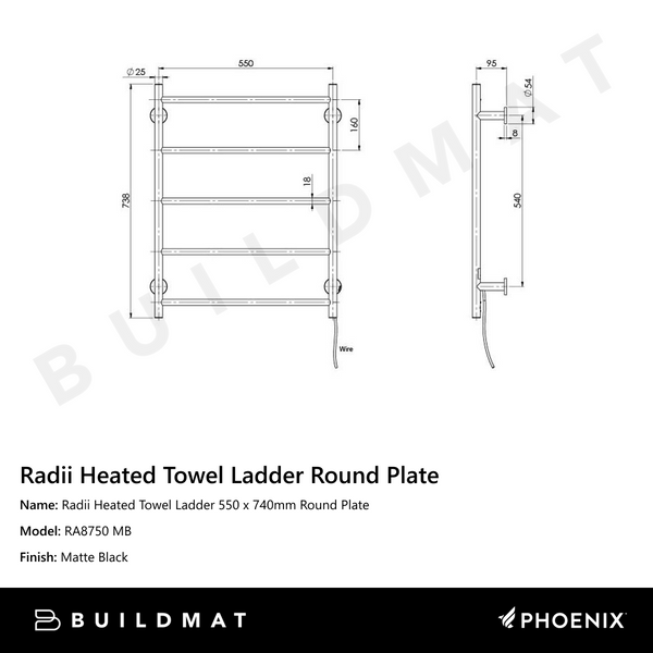 Phoenix Radii Heated Towel Ladder 550 x 740mm Round Plate Matte Black