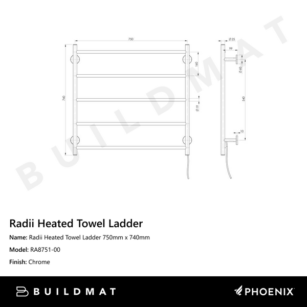 Phoenix Radii Heated Towel Ladder 750mm x 740mm Chrome