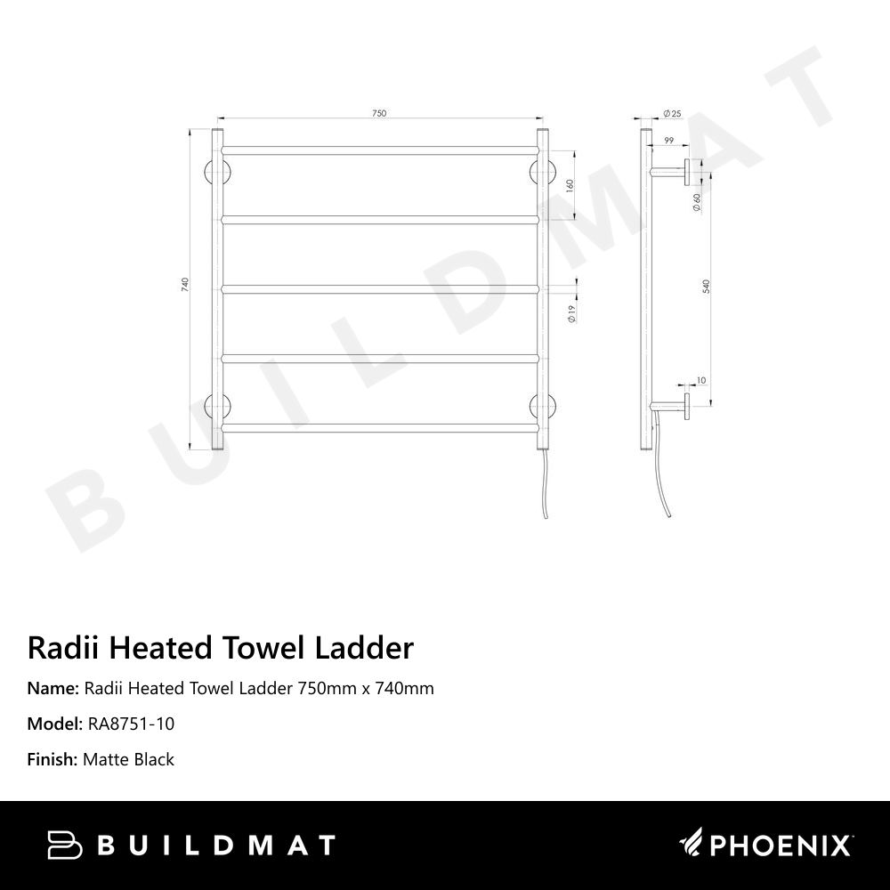 Phoenix Radii Heated Towel Ladder 750mm x 740mm Matte Black Buildmat