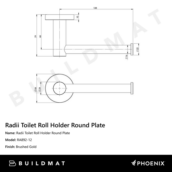 Phoenix Radii Toilet Roll Holder Round Plate Brushed Gold