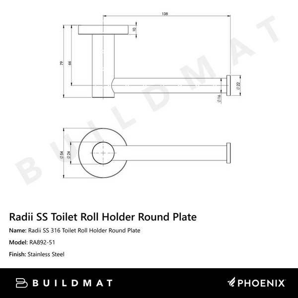 Phoenix Radii SS 316 Toilet Roll Holder Round Plate Stainless Steel